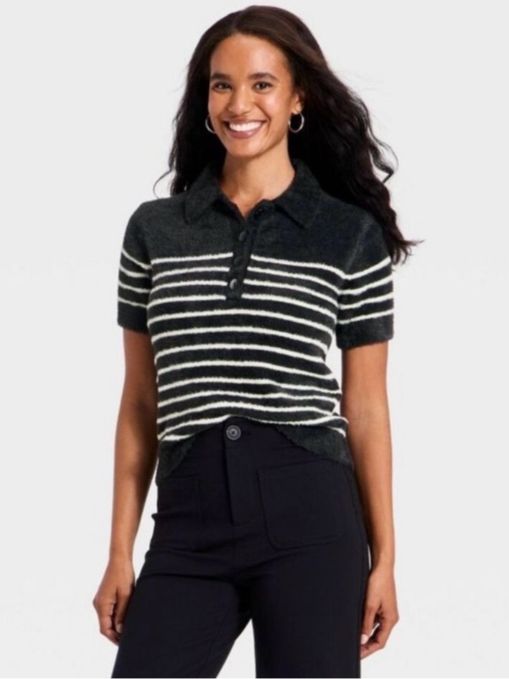 a new day Black & White Striped Fuzzy Polo Sweater Top